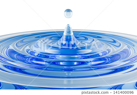 Falling water droplet creating a central splash and concentric ripples. 3D rendering Falling water droplet creating a central splash and concentric ripples. 3D rendering 141400096
