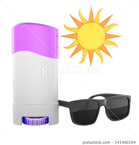 Summer deodorant stick with sun and sunglasses. 3D rendering Summer deodorant stick with sun and sunglasses. 3D rendering 141400104