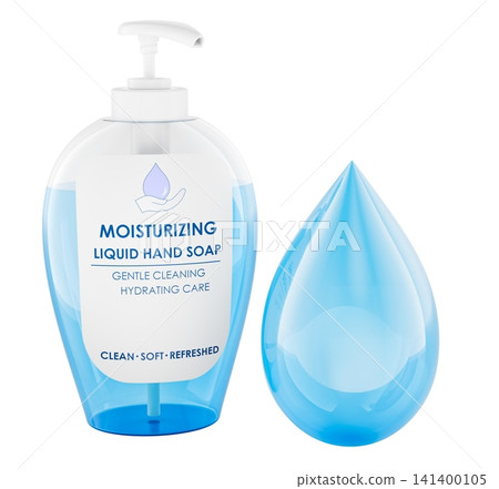 Transparent pump bottle of moisturizing liquid hand soap with water drop. 3D rendering 141400105