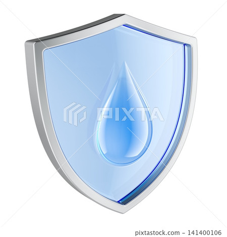 Water protection shield with blue droplet. 3D rendering Water protection shield with blue droplet. 3D rendering 141400106