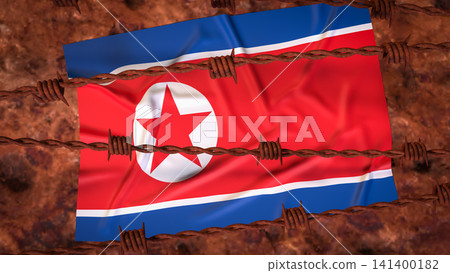 North Korean Flag Behind Rusty Barbed Wire Barrier 3d render. North Korean Flag Behind Rusty Barbed Wire Barrier 3d render. 141400182