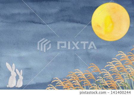Watercolor illustration of a rabbit, the moon, and pampas grass in the background. Watercolor illustration of a rabbit, the moon, and pampas grass in the background. 141400244