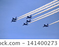 The beautiful formation of the Blue Impulse stands out against the clear blue sky. 141400273