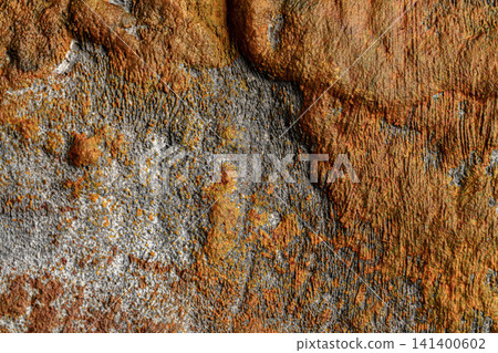 The concrete background features striking brown rust patterns. 141400602