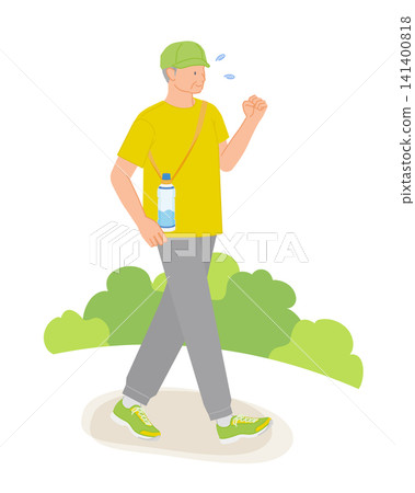 An illustration of a senior man walking with a water bottle for hydration. An illustration of a senior man walking with a water bottle for hydration. 141400818