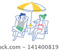 A man and woman relaxing under a beach umbrella_color 141400819