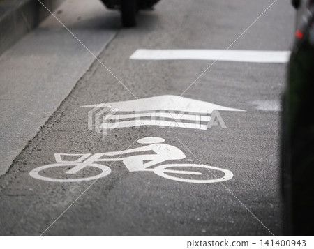 Sign indicating bicycle traffic on the left side of the road at the intersection Sign indicating bicycle traffic on the left side of the road at the intersection 141400943