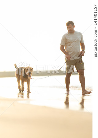 Man walking a brown dog along the shoreline at sunset, with gentle waves lapping at the sandy beach and a soft golden light illuminating the scene. Airedale Terrier Man walking a brown dog along the shoreline at sunset, with gentle waves lapping at the sandy beach and a soft golden light illuminating the scene. Airedale Terrier 141401157