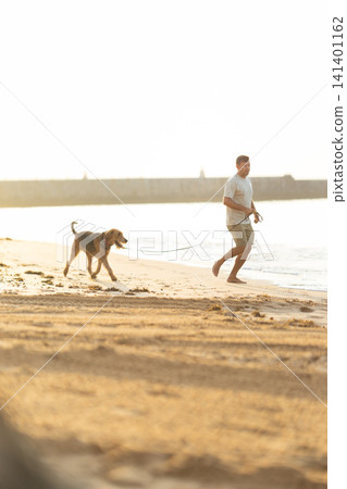 Man walking a dog along a sandy beach during sunset, with gentle waves lapping at the shore and a distant pier visible in the background. Airedale Terrier Man walking a dog along a sandy beach during sunset, with gentle waves lapping at the shore and a distant pier visible in the background. Airedale Terrier 141401162