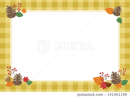 Autumn plants: Yellow checkered frame background with pine cones and autumn leaves; copy space material featuring acorns and red berries. Autumn plants: Yellow checkered frame background with pine cones and autumn leaves; copy space material featuring acorns and red berries. 141401199