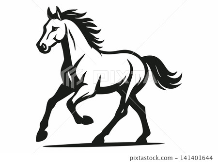 Black-and-white vector illustration of a running horse. 141401644