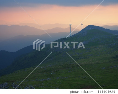 Evening scenery of windmills in Shikoku Karst Evening scenery of windmills in Shikoku Karst 141401685