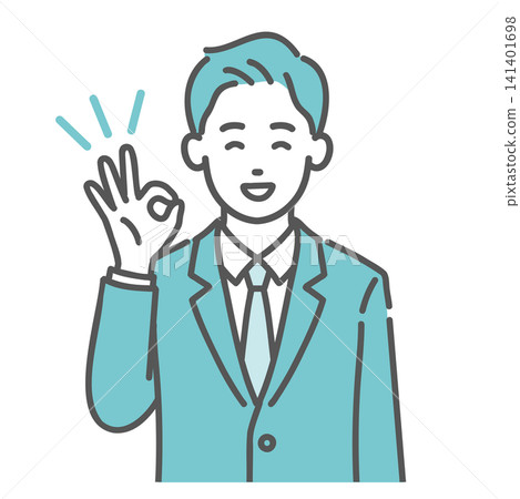 插圖描繪了一位身穿西裝的年輕男子麵帶微笑地比出“OK”手勢。 插圖描繪了一位身穿西裝的年輕男子麵帶微笑地比出“OK”手勢。 141401698