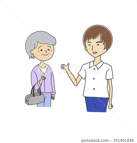 插圖描繪了一名男護士引導一位老婦人前往醫院入院的情景。 插圖描繪了一名男護士引導一位老婦人前往醫院入院的情景。 141401898