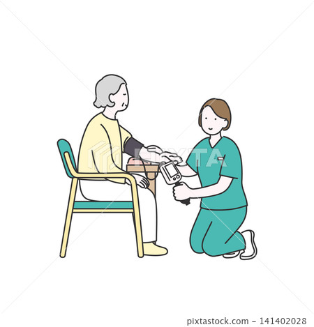 Illustration of a visiting nurse taking the blood pressure of an elderly woman. Illustration of a visiting nurse taking the blood pressure of an elderly woman. 141402028