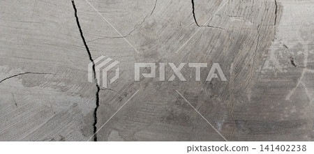 A vertical crack on a gray concrete wall surface with a brushstroke texture. 141402238