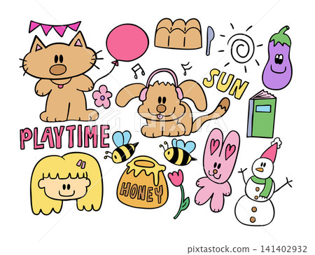 Vector illustrations of kid drawing elements such as cat holding a balloon, puppy wearing headphone, pink bunny, bread loaf, sun, honey and bee, girl, tulip flower, notebook, snowman, eggplant, knife Vector illustrations of kid drawing elements such as cat holding a balloon, puppy wearing headphone, pink bunny, bread loaf, sun, honey and bee, girl, tulip flower, notebook, snowman, eggplant, knife 141402932