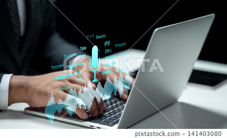 A professional businessman typing on a laptop computer with an overlay of a digital microphone icon and sound wave visualization, representing AI-powered voice recognition and translation technology 141403080