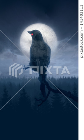 A spooky crow with glowing red eyes perched on a bare branch in a dark forest at night under a large, bright full moon. Perfect for horror and Halloween background. Concept of Halloween A spooky crow with glowing red eyes perched on a bare branch in a dark forest at night under a large, bright full moon. Perfect for horror and Halloween background. Concept of Halloween 141403113