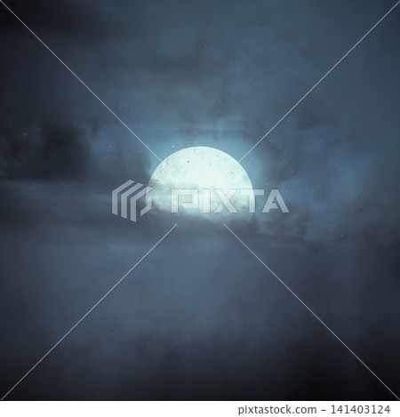 A bright full moon glows behind dark, dramatic clouds in a mysterious night sky. Horror or Halloween background A bright full moon glows behind dark, dramatic clouds in a mysterious night sky. Horror or Halloween background 141403124