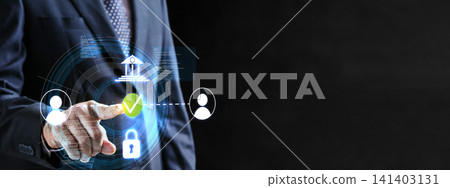 Businessman touching digital screen with secure online banking icons, cyber security, identity verification, and fintech concept on dark background Businessman touching digital screen with secure online banking icons, cyber security, identity verification, and fintech concept on dark background 141403131