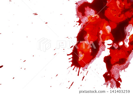 Abstract red paint or blood splattered on a clean white surface, ideal for horror, medical, or crime concepts. Horror or Halloween background 141403259