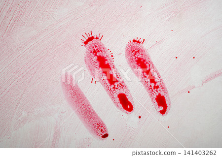 Red blood stains, streaks, and splatters on a textured white surface, evoking themes of crime, horror, violence, or abstract art. Horror or Halloween background Red blood stains, streaks, and splatters on a textured white surface, evoking themes of crime, horror, violence, or abstract art. Horror or Halloween background 141403262