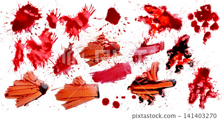 A collection of realistic red blood splatters, paint drips, and textured smears isolated on a clean white background, ideal for horror or crime themes. Horror or Halloween background A collection of realistic red blood splatters, paint drips, and textured smears isolated on a clean white background, ideal for horror or crime themes. Horror or Halloween background 141403270