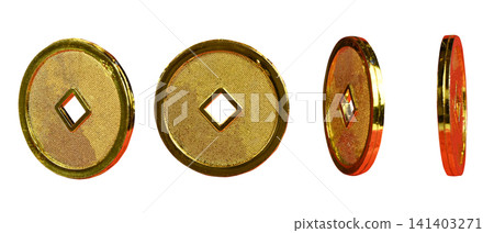 A set of four golden Chinese feng shui coins with square holes, shown from various angles and perspectives, isolated on a white background. Perfect for wealth, luck, and holiday designs A set of four golden Chinese feng shui coins with square holes, shown from various angles and perspectives, isolated on a white background. Perfect for wealth, luck, and holiday designs 141403271