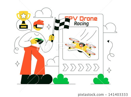 FPV Drone Racing Vector Illustration Featuring First Person View Drone Competition, Remote Control Racing, Flying Technology, and Esports 141403333