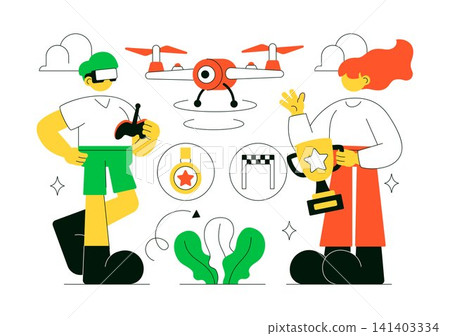 FPV Drone Racing Vector Illustration Featuring First Person View Drone Competition, Remote Control Racing, Flying Technology, and Esports FPV Drone Racing Vector Illustration Featuring First Person View Drone Competition, Remote Control Racing, Flying Technology, and Esports 141403334