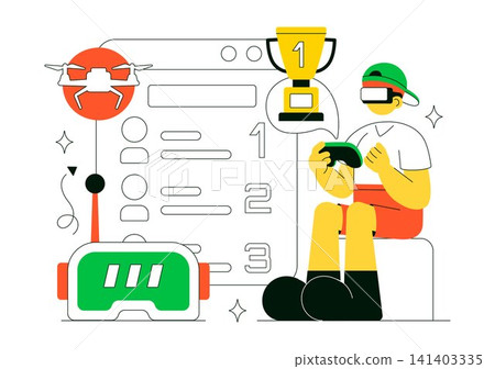 FPV Drone Racing Vector Illustration Featuring First Person View Drone Competition, Remote Control Racing, Flying Technology, and Esports 141403335