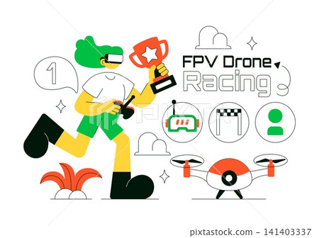 FPV Drone Racing Vector Illustration Featuring First Person View Drone Competition, Remote Control Racing, Flying Technology, and Esports FPV Drone Racing Vector Illustration Featuring First Person View Drone Competition, Remote Control Racing, Flying Technology, and Esports 141403337