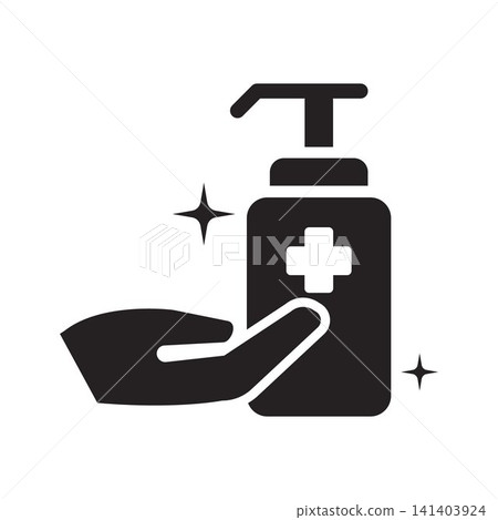 Hand Sanitizer Pump Bottle And Hand Icon Representing Hygiene Hand Sanitizer Pump Bottle And Hand Icon Representing Hygiene 141403924