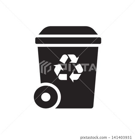 Trash bin icon featuring a recycling symbol on a wheeled bin, representing eco-friendly waste management. 141403931