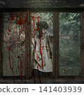 A terrifying horror concept featuring a dirty, scared man trapped behind a blood-splattered glass window pane. Concept of Horror or Halloween 141403939