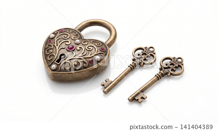 Vintage heart shaped brass padlock with two ornate skeleton keys security skeleton romantic embossed gemstone metallic valentines protection mechanism ornamental decorative craftsmanship Vintage heart shaped brass padlock with two ornate skeleton keys security skeleton romantic embossed gemstone metallic valentines protection mechanism ornamental decorative craftsmanship 141404389