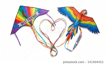 Colorful rainbow delta kite and parrot shaped kite in sky heart shape with recreation colorful activity cheerful childhood together connection isolated photography movement Colorful rainbow delta kite and parrot shaped kite in sky heart shape with recreation colorful activity cheerful childhood together connection isolated photography movement 141404452