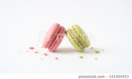 Two gourmet french macaron cookies in pink and pistachio green with pistachio raspberry confection delicate isolated photography delicious colorful meringue confectionery culinary handmade Two gourmet french macaron cookies in pink and pistachio green with pistachio raspberry confection delicate isolated photography delicious colorful meringue confectionery culinary handmade 141404453