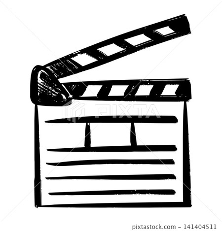 Hand drawn movie clapperboard illustration isolated on white background, black ink sketch of film slate clapper 141404511