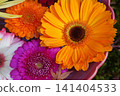 Flowers arranged in a pot placed in the garden of a temple in Kyoto 141404533