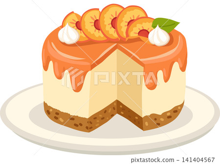 Peach Cheesecake with Fresh Fruit Slices and Whipped Cream 141404567
