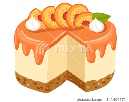 A peach cheesecake with fruit slices and whipped cream on a biscuit crust illustrated A peach cheesecake with fruit slices and whipped cream on a biscuit crust illustrated 141404571