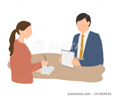 A woman and a man in a suit are consulting at a counter. A woman and a man in a suit are consulting at a counter. 141404624