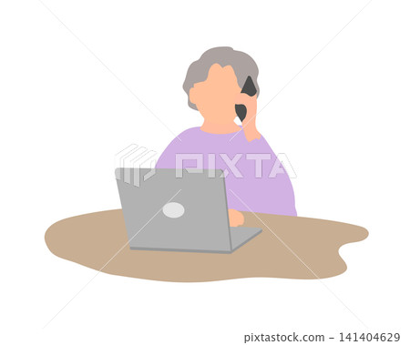一位老婦人一邊看著筆記型電腦一邊接電話。 一位老婦人一邊看著筆記型電腦一邊接電話。 141404629