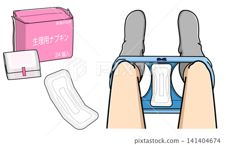 一張圖片展示了衛生棉包裝如何固定在內褲的襠部,並將褲管插入褲管開口處。 一張圖片展示了衛生棉包裝如何固定在內褲的襠部,並將褲管插入褲管開口處。 141404674
