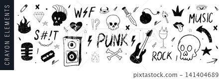 Punk scribble doodle. Rock chaos illustration. Vector gothic skull icons. Messy crayon sketchbook marks Punk scribble doodle. Rock chaos illustration. Vector gothic skull icons. Messy crayon sketchbook marks 141404689
