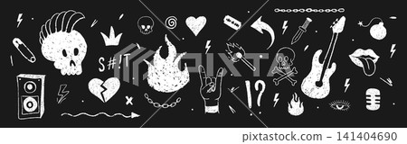 Rock music collage. Crayon doodle skull icons. Ink rough brushstrokes and funky paper chaos. Vector illustration on black background 141404690