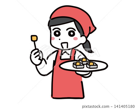 A young female staff member (upper body) wearing a red apron and smiling, offering samples for sale. A young female staff member (upper body) wearing a red apron and smiling, offering samples for sale. 141405180
