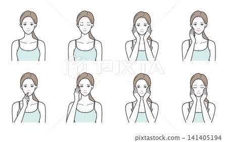 A set of 8 illustrations depicting women's skincare routines and facial expressions (moisturizing, massage, and care). A set of 8 illustrations depicting women's skincare routines and facial expressions (moisturizing, massage, and care). 141405194